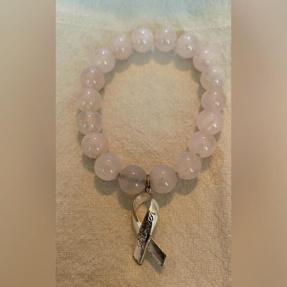 925 Sterling Silver Survivor Ribbon Charm Pink Beaded Stretch Bracelet Awareness - Picture 1 of 3